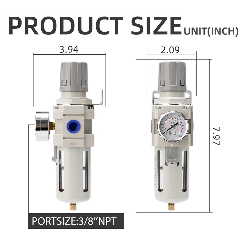 LNCHKA Industrial Air Compressor Filter Regulator Combo 3/8" NPT 0-150 PSI w/Semi-Auto Drain,5 Micron Water Separator for Pneumatic Tools - Image 3